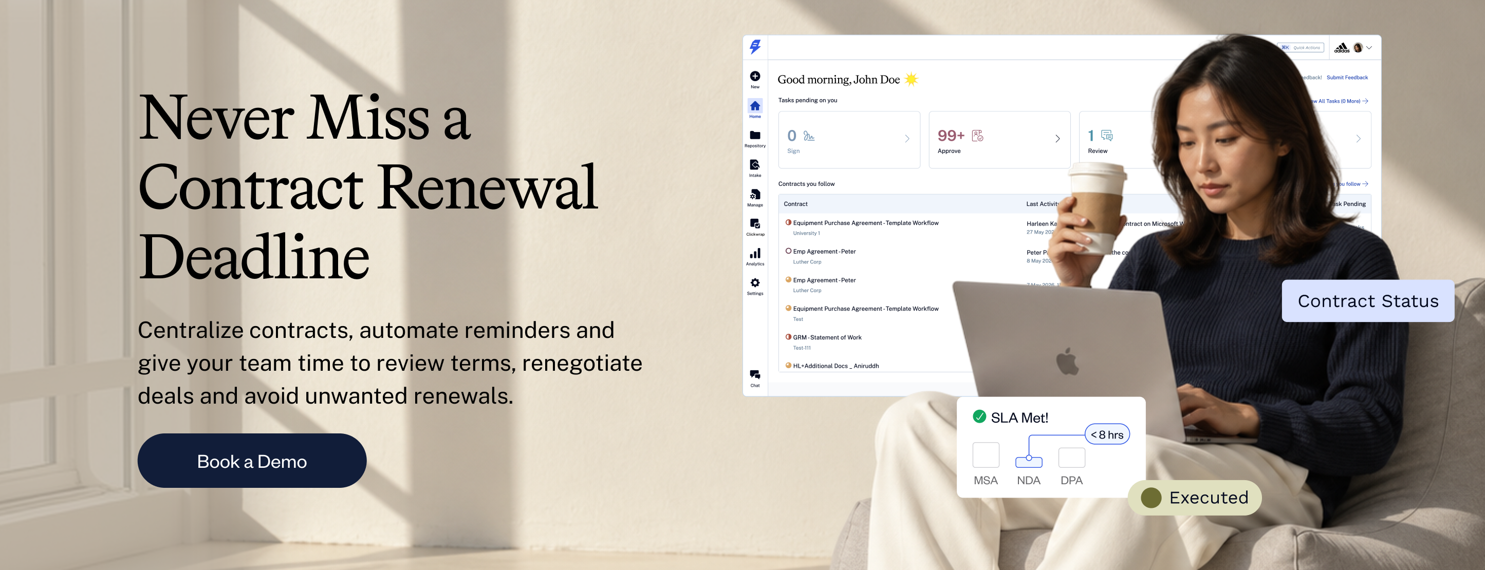 Contract management platform tracking renewal dates, notice periods and upcoming deadlines