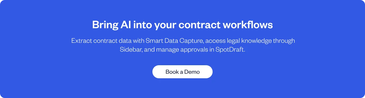 SpotDraft AI CLM banner highlighting contract templates, AI-assisted review, approvals, and repository search
