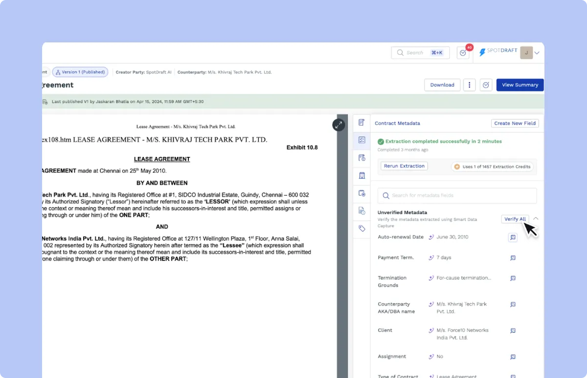 SpotDraft Smart Data Capture showing AI-extracted contract metadata and the Verify All option