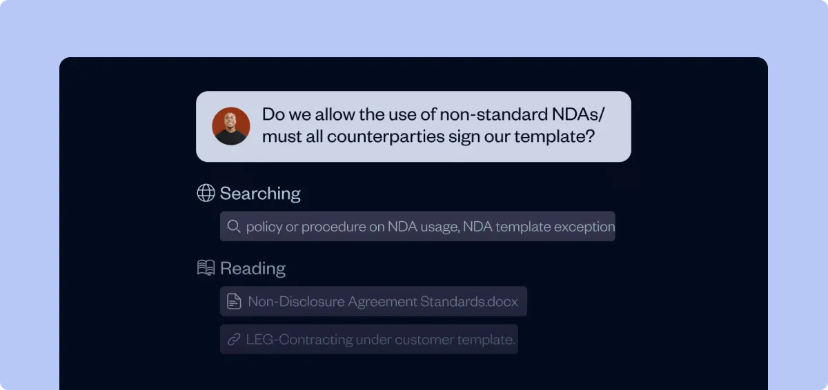 SpotDraft Sidebar Policy Agent searching internal policy documents in response to a question about nonstandard NDAs.
