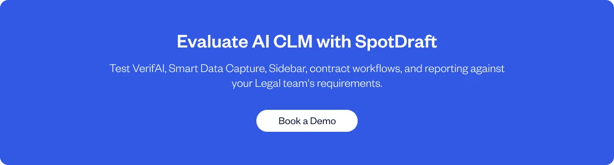 SpotDraft AI CLM demo banner featuring AI contract review, metadata extraction, legal agents, and lifecycle reporting