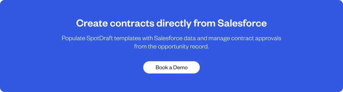 SpotDraft Salesforce integration banner for contract creation, CRM field population, and approvals