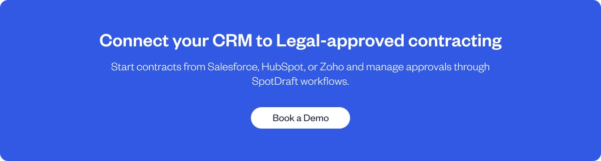 SpotDraft CRM integration banner featuring Salesforce, HubSpot, Zoho, and contract workflows