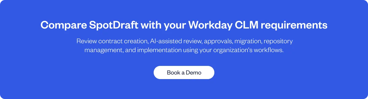 SpotDraft demo banner for comparing Workday CLM scope and costs