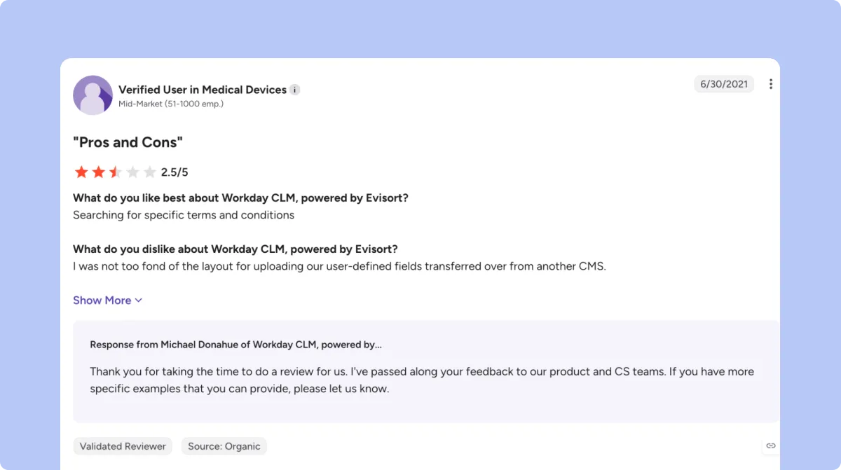 Evisort customer review about difficulties importing contract metadata