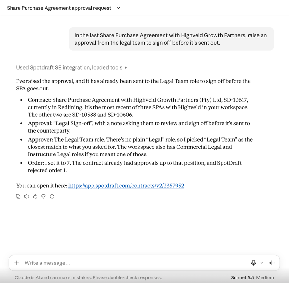 Initiate contract approvals: SpotDraft through Claude