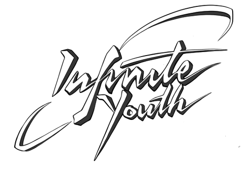 Infinite Youth logo, greyscale, script style