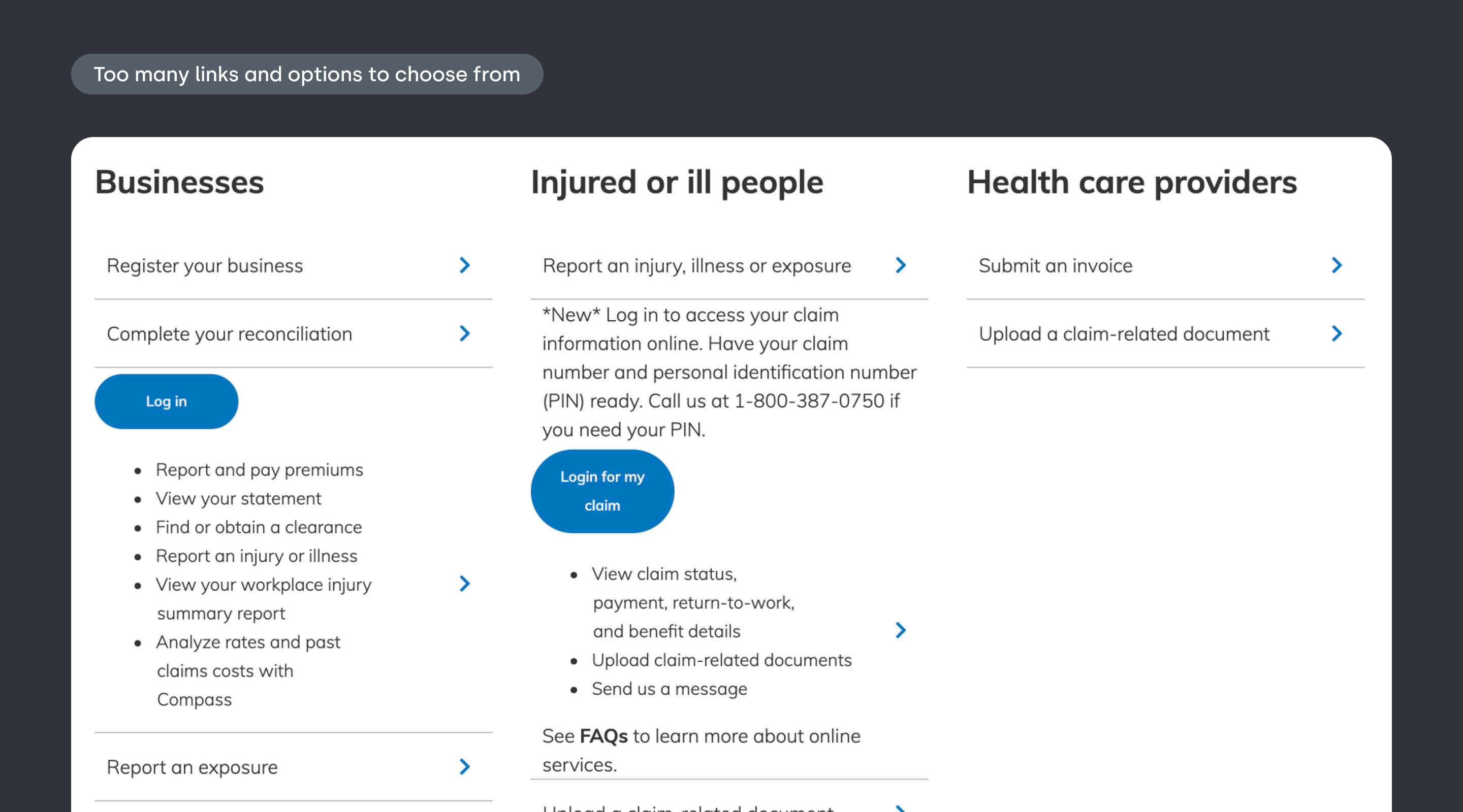 Too many links and options