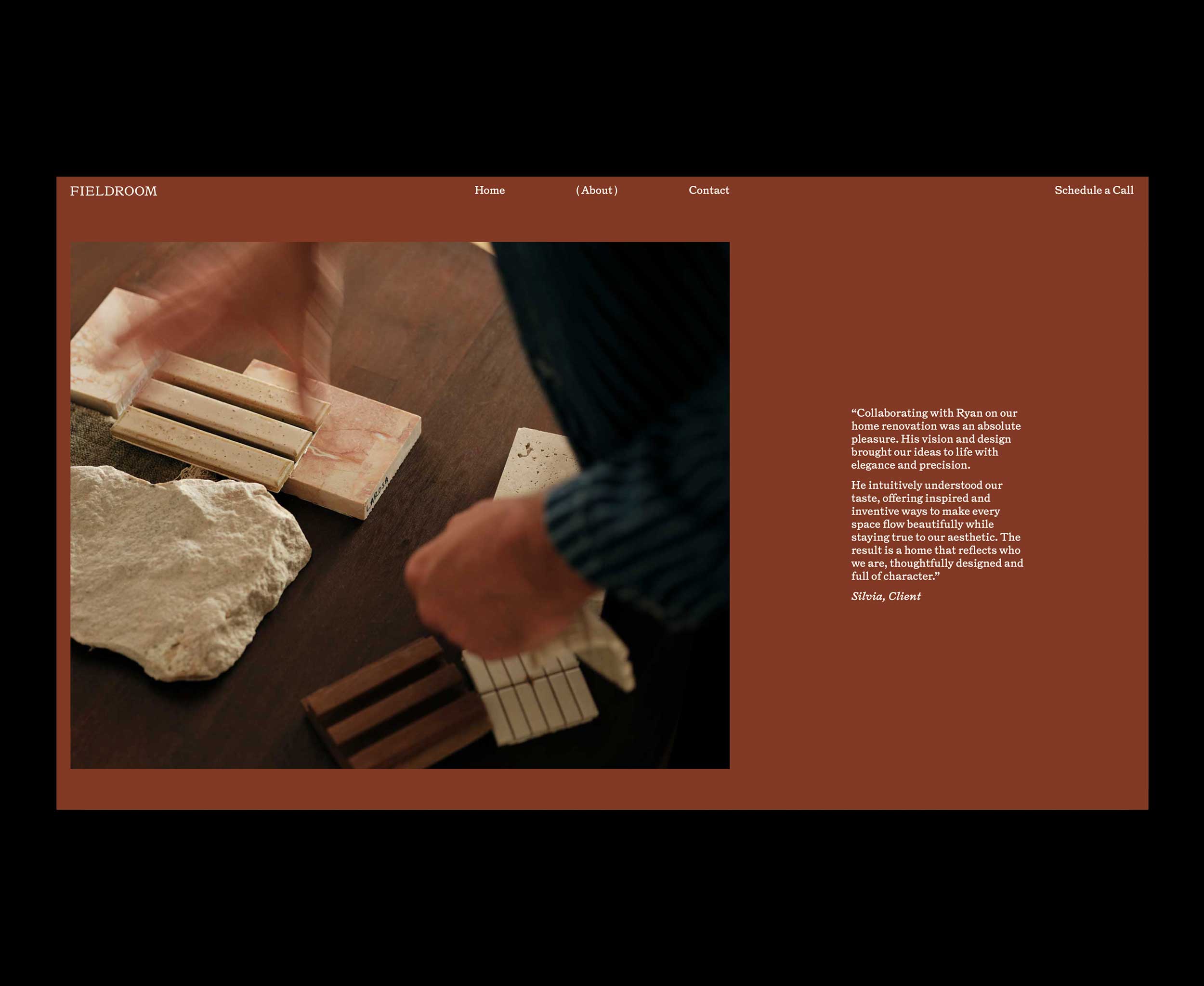 Fieldroom Interior Design website with a terracotta background colour.