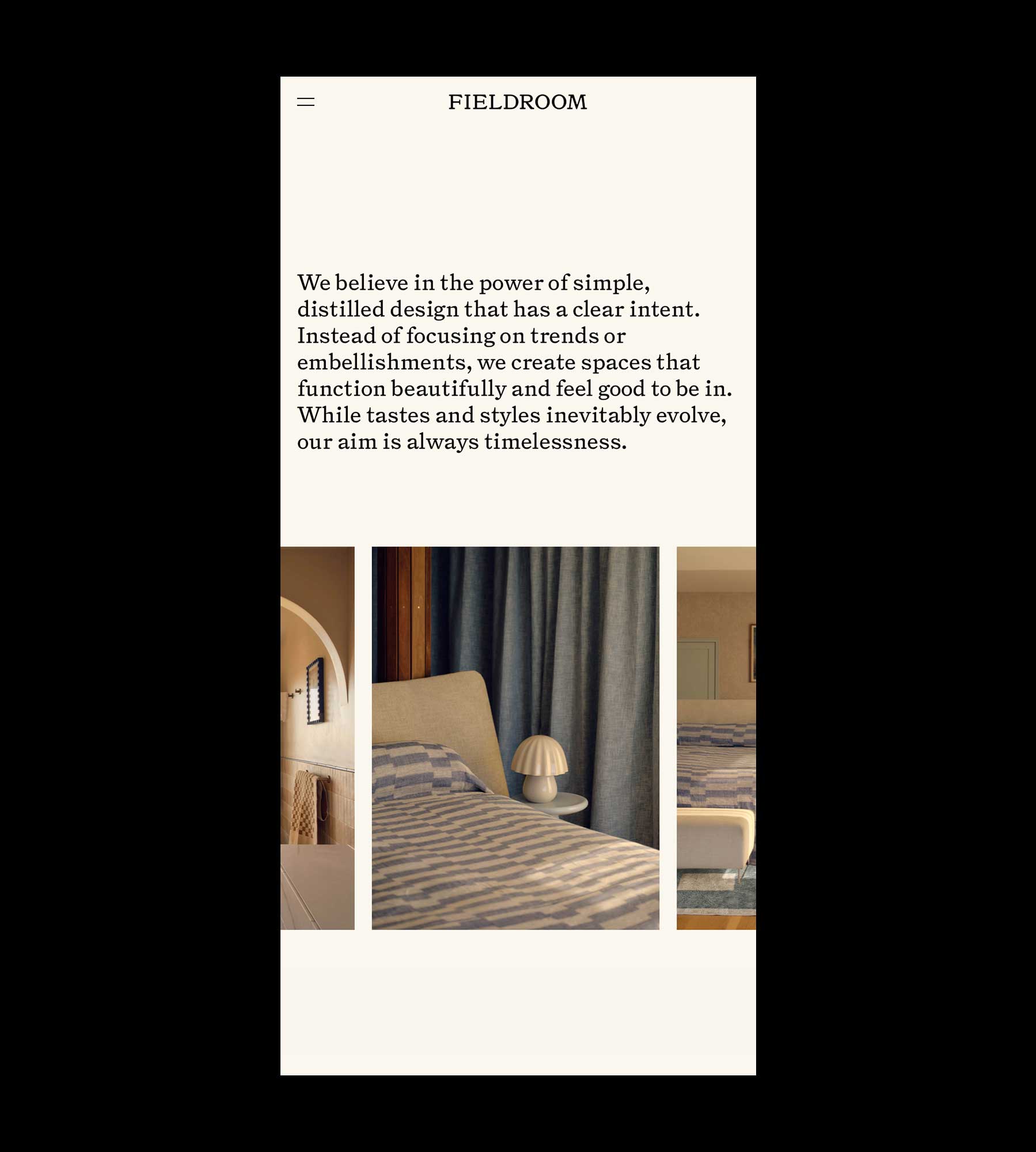 Mobile webpage of Fieldroom Interior Design, showing a design philosophy statement above three images of bedroom and bathroom interiors.