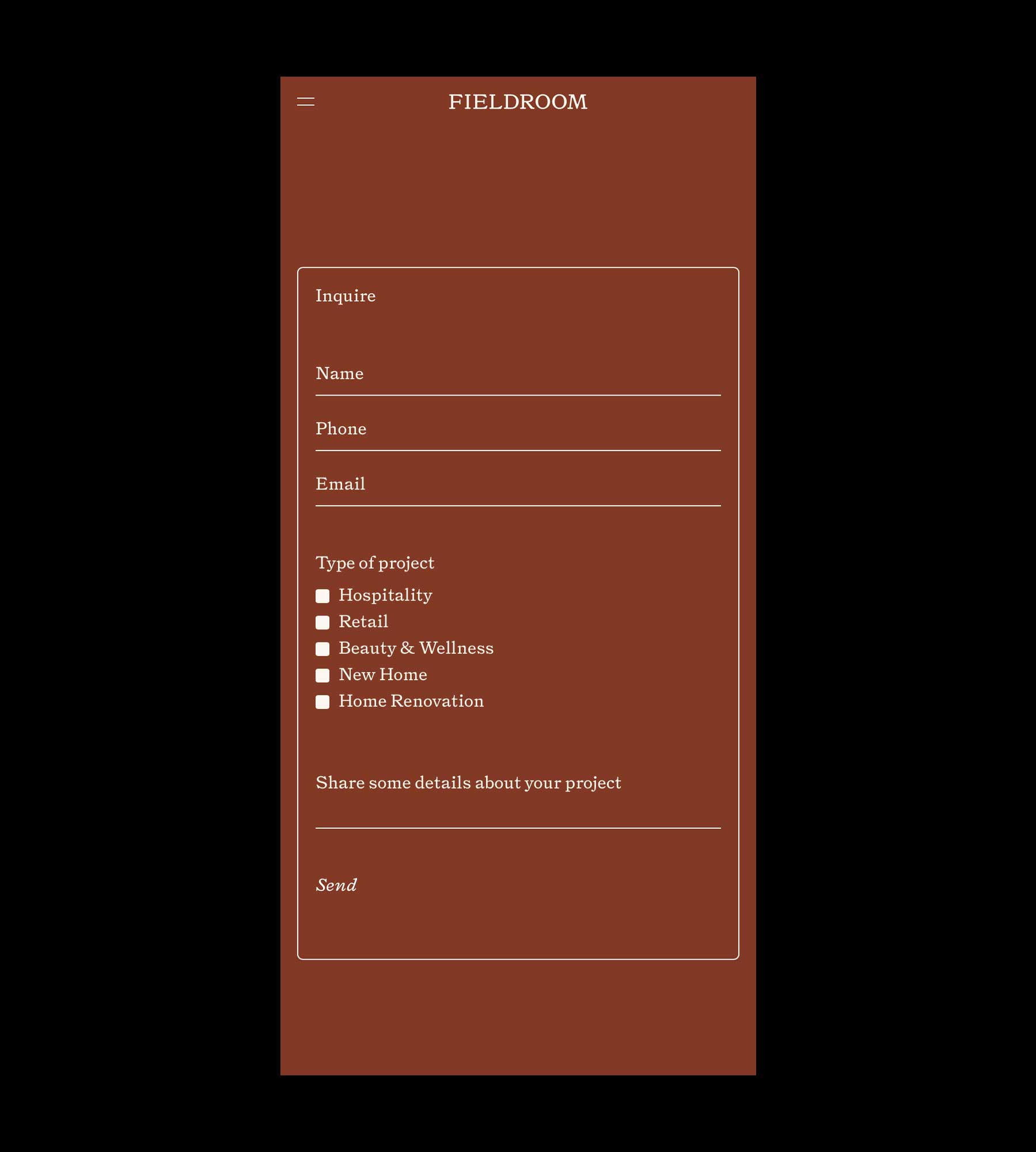 Mobile-friendly contact form for Fieldroom Interior Design with fields for name, phone, email, project type checkboxes, and project details.