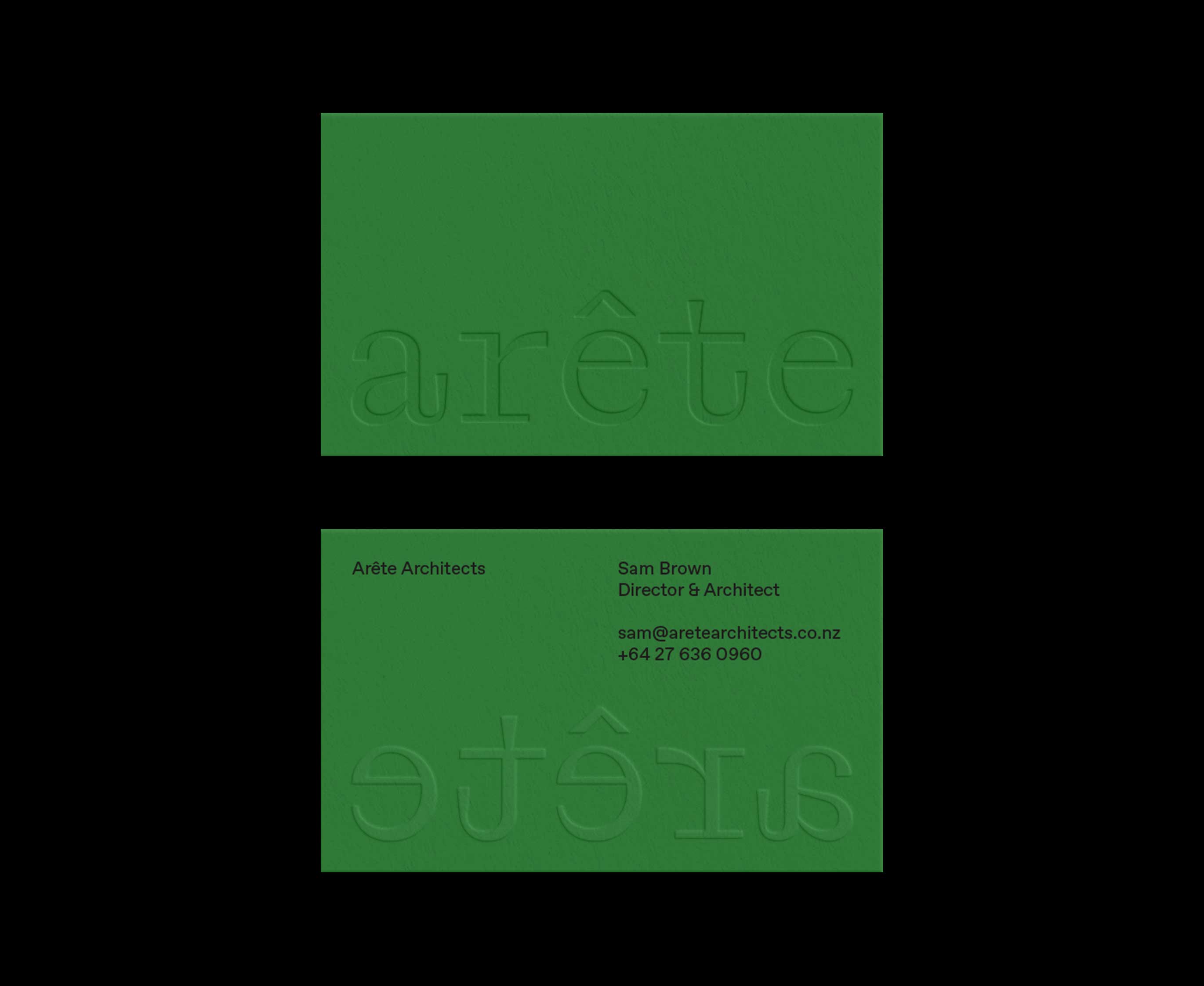 Arête Architects green embossed business card design