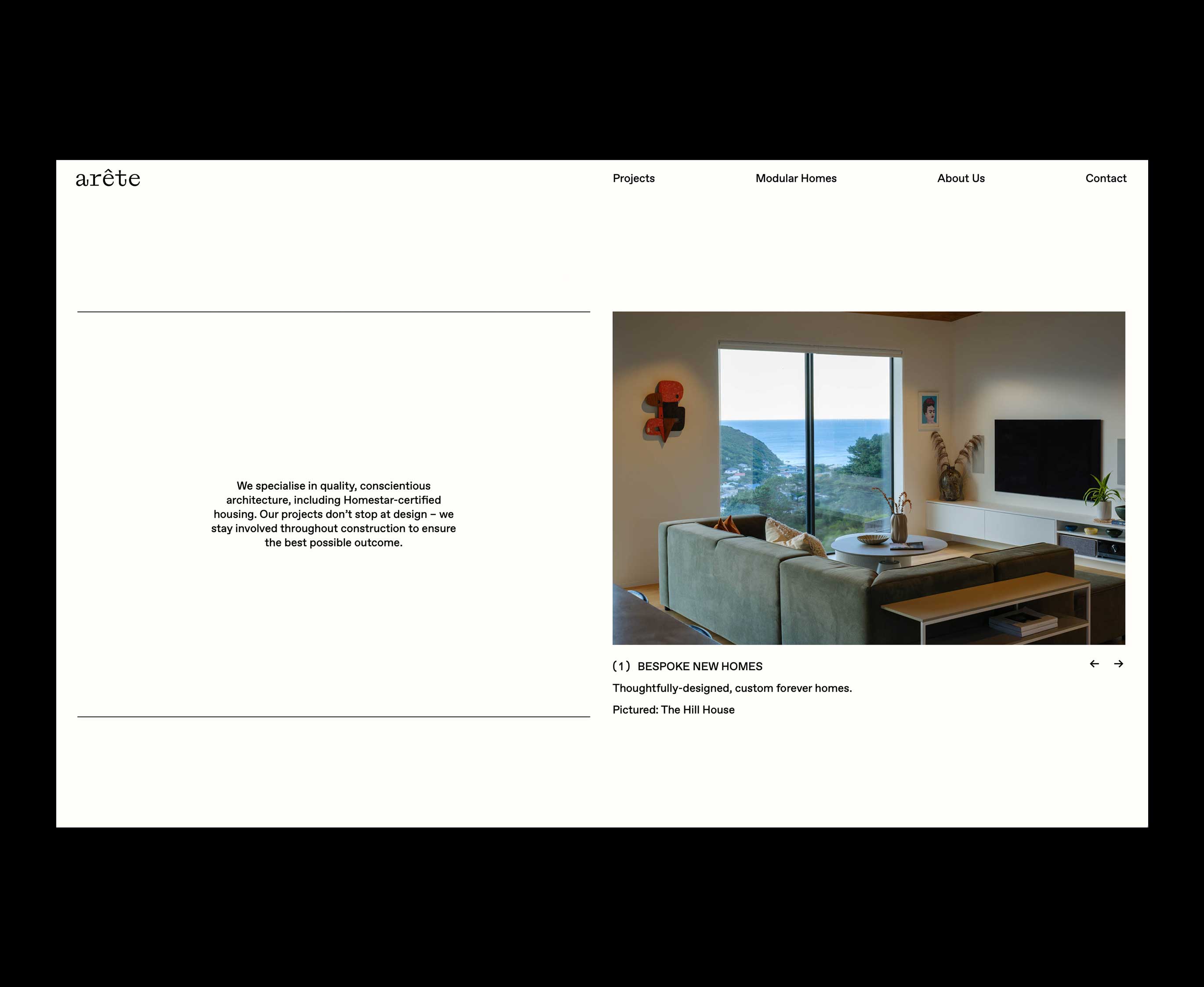 Arête Architects web design on desktop
