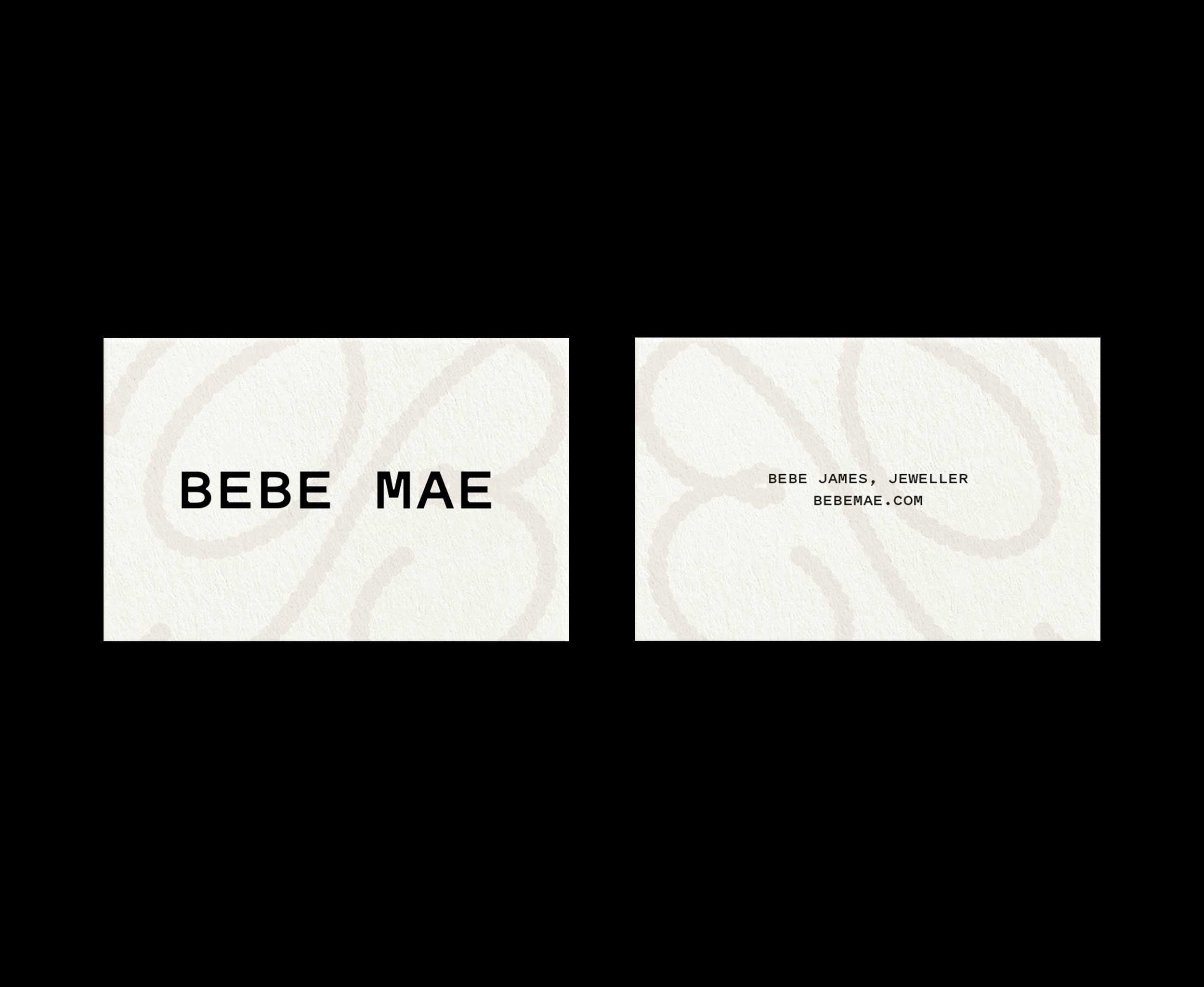 Bebe Mae jewellery business card featuring typographic logo and script monogram