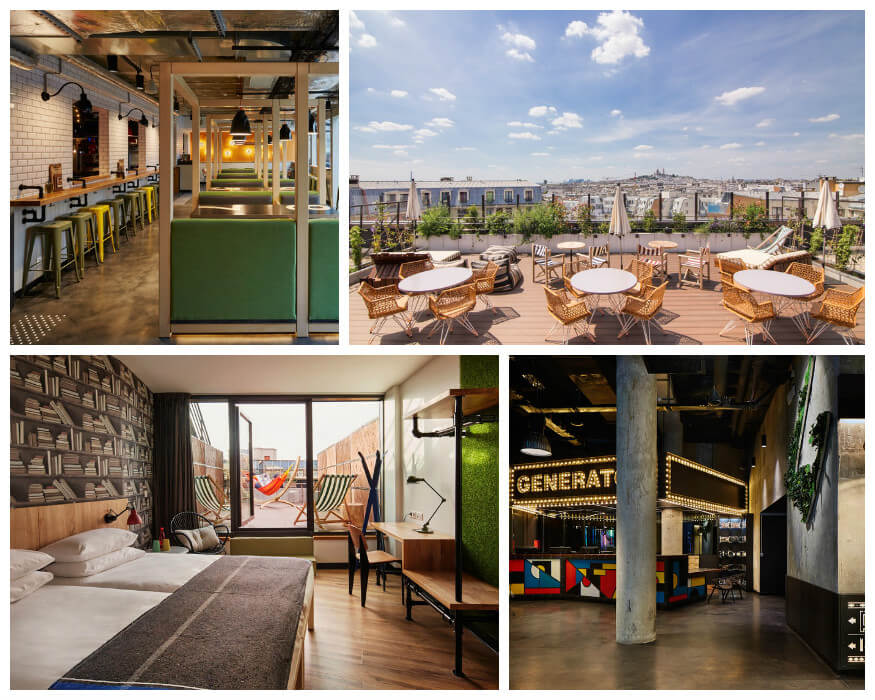 collage of photos: roof terrace, reception, restaurant and dormitory  