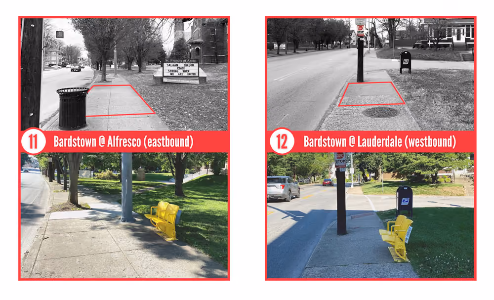 Before and after images of bus stop locations 11 and 12