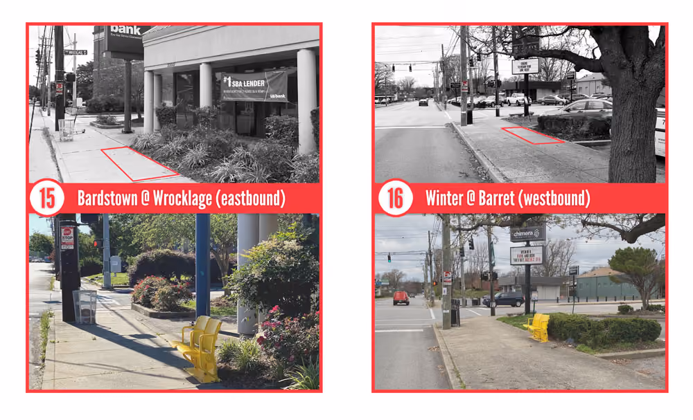Before and after images of bus stop locations 15 and 16
