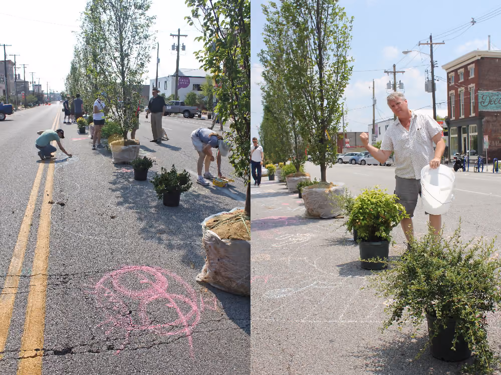 volunteers decorating the temporary treed median