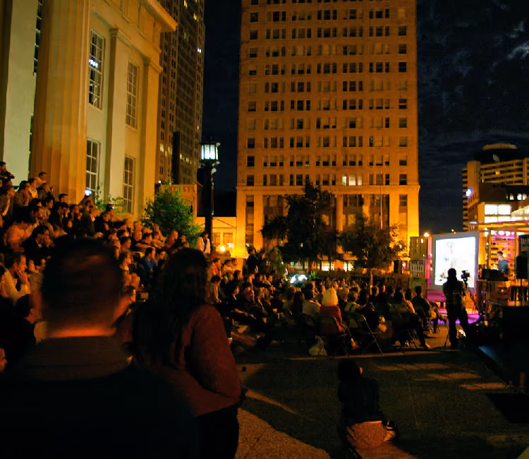 Pecha Kucha Night Louisville on the steps of Metro Hall during 2013 Park(ing) Week