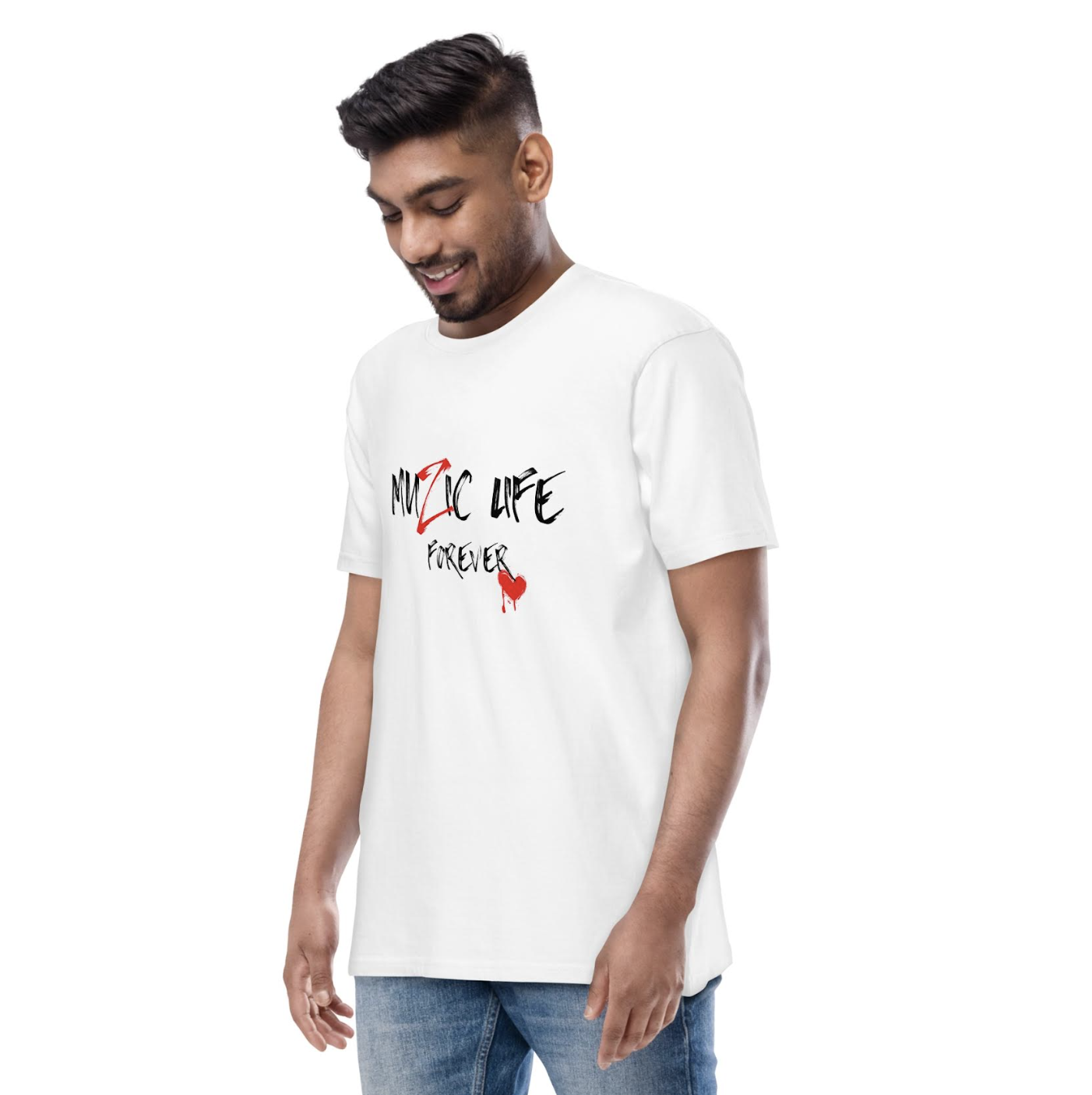 Smiling man wearing a white t-shirt with black and red text that reads 'MUSIC LIFE FOREVER' and a red heart graphic.