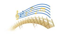 Illustration of a wooden arch bridge with five blue musical staff lines extending from it, featuring a yellow treble clef and several musical notes.