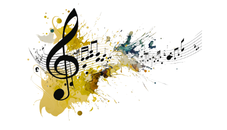 Black treble clef symbol with musical notes flowing to the right, over a colorful splash of paint in gold, blue, and black tones on a white background.