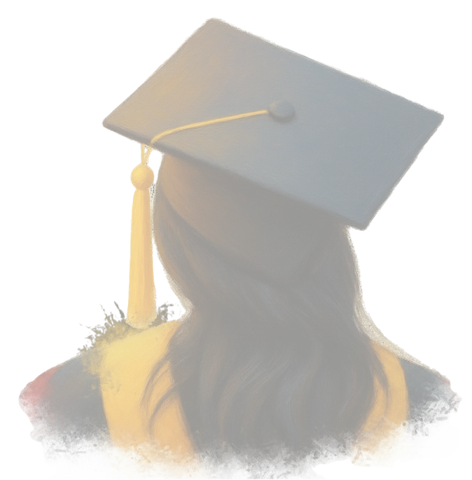 Digital painting of a graduate seen from behind, wearing a black mortarboard with a yellow tassel and a black gown with a yellow stole.