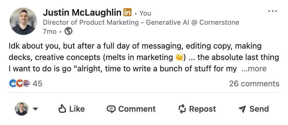 Screenshot of a LinkedIn post from the author discussing the challenges of balancing being a marketing professional and building a personal brand.
