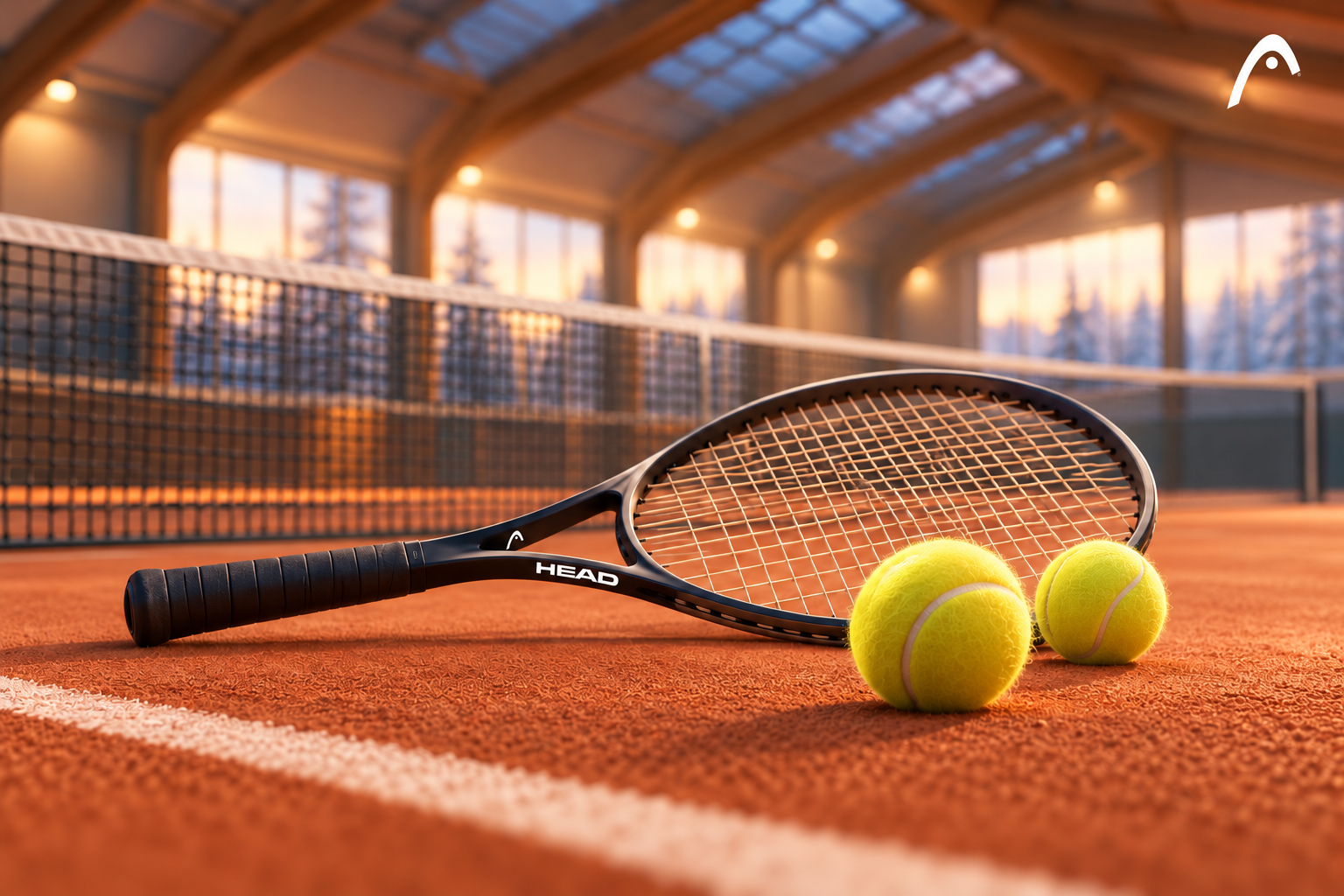 KI Symbolbild: HEAD Tennisschläger und Tennisbälle auf einem Hallenplatz.