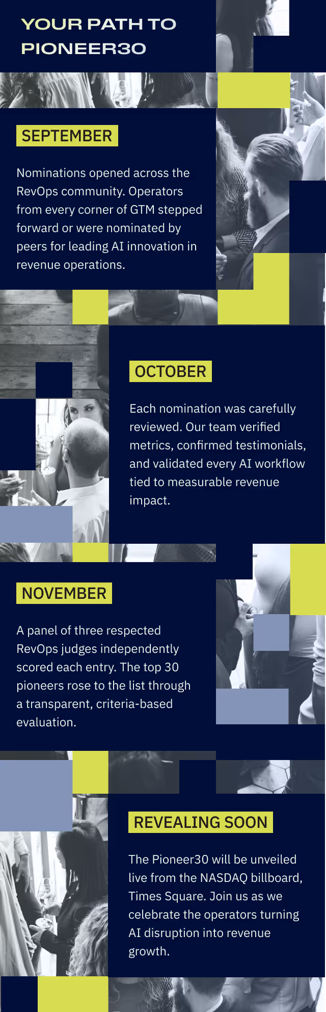 Timeline describes the Pioneer30 selection process from September to November, ending with a live unveiling at Times Square.