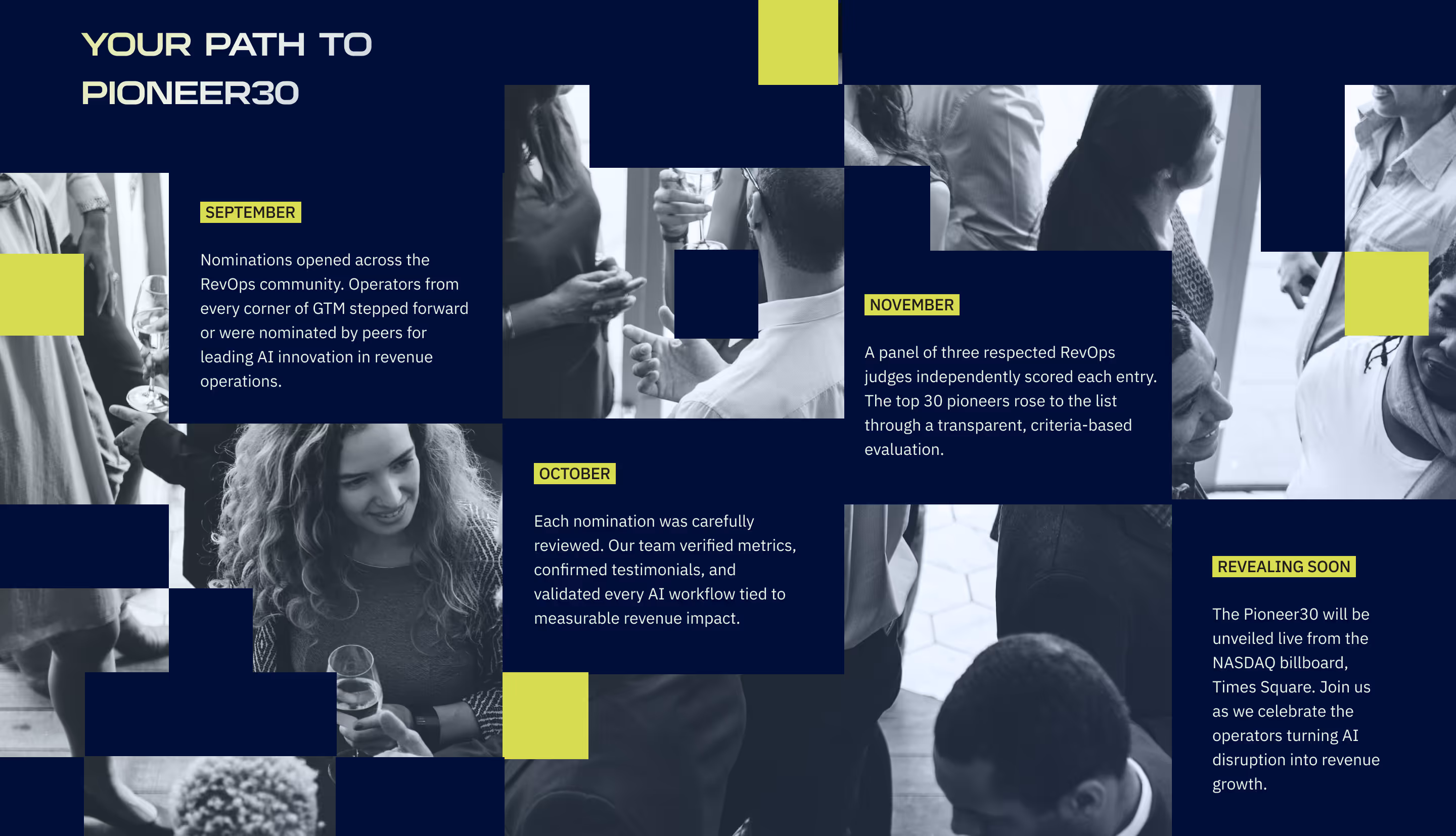 Timeline titled 'Your Path to Pioneer30' outlining months September to November and a 'Revealing Soon' section, describing steps for AI innovation nominations, reviews, judging, and a live unveiling event in Times Square.