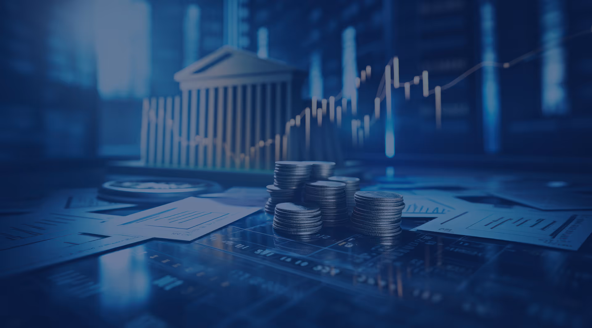 Stacks of coins on financial documents with a building and stock market graphs in the background.