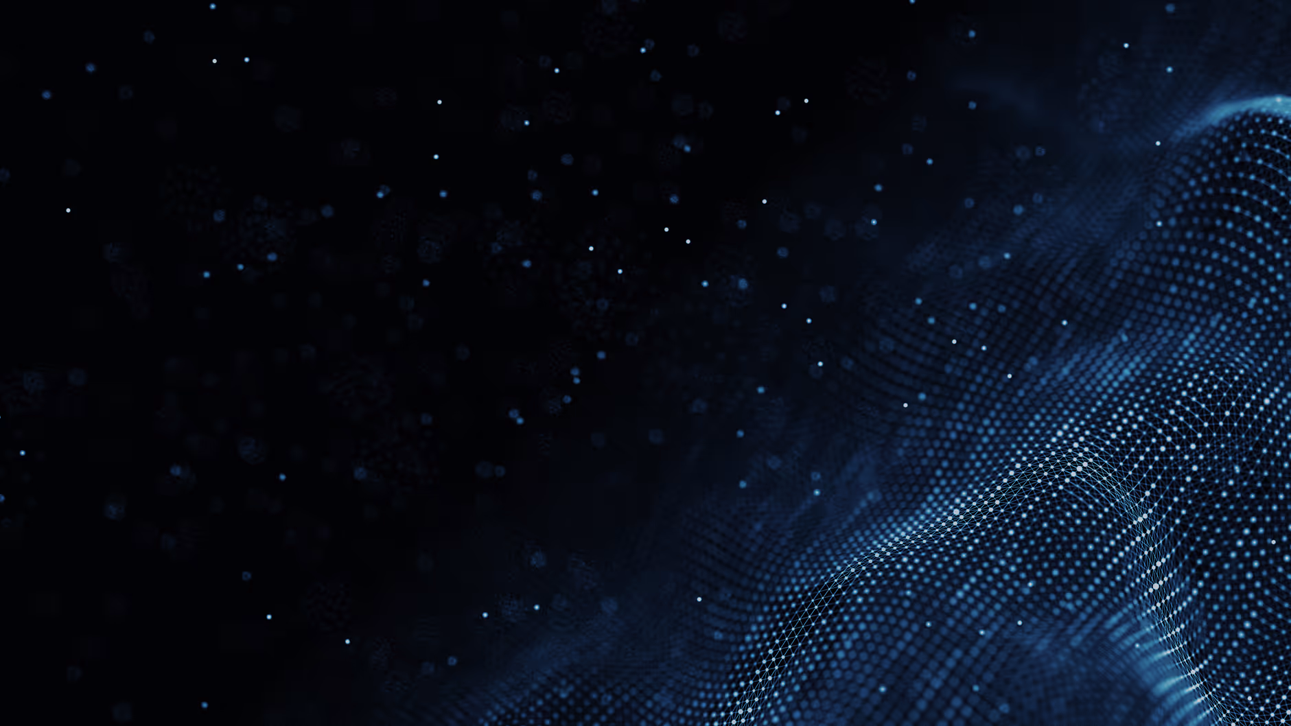 Abstract dark background with blue glowing mesh grid and scattered light particles resembling digital or data visualization.