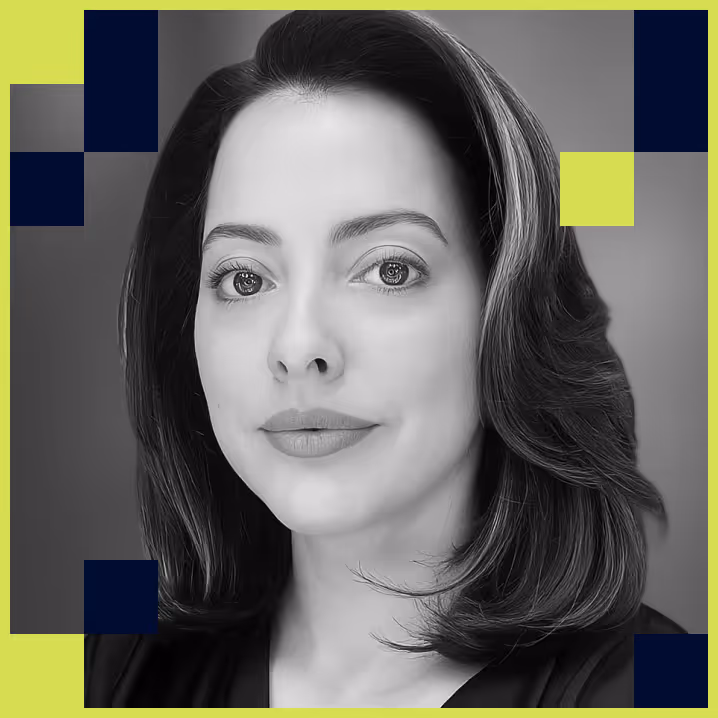 Black and white portrait of a woman with shoulder-length hair and a calm expression, framed by a green and navy pixelated border.
