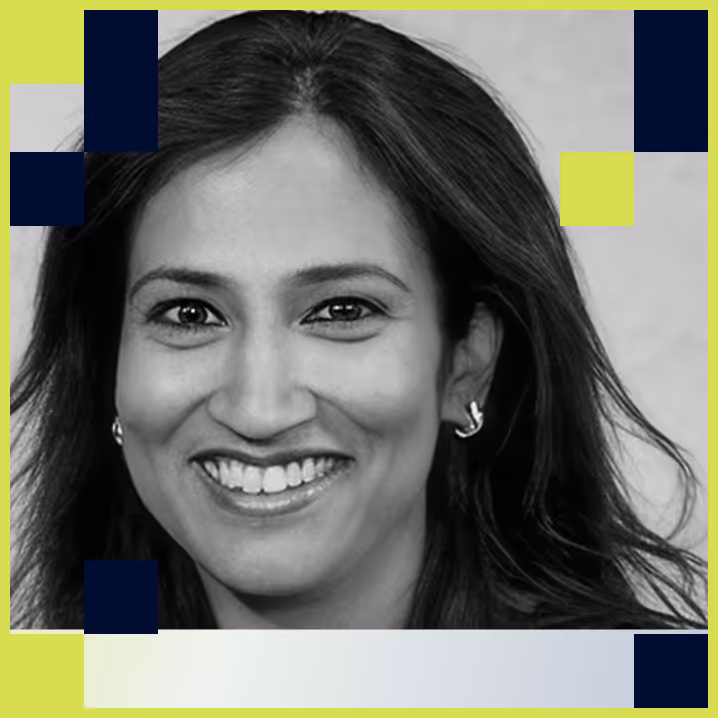 Smiling woman with dark hair and small earrings shown in a black and white portrait with a lime green and navy blue geometric border.