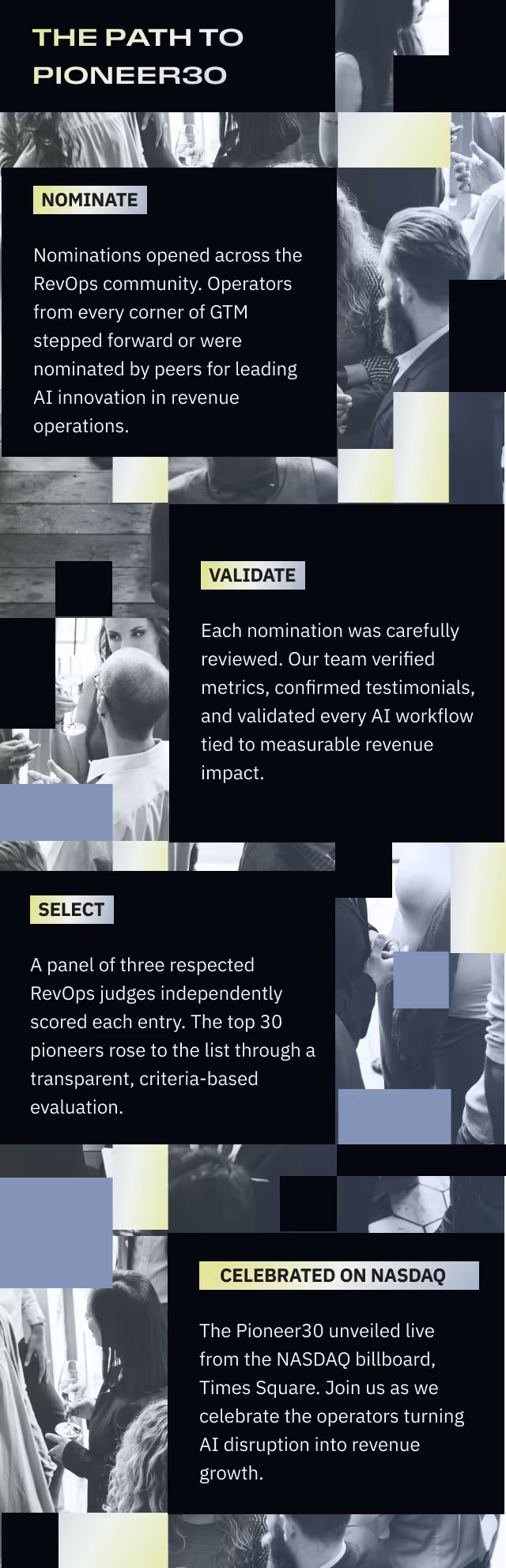 Infographic titled 'The Path to Pioneer30' outlining four steps: Nominate operators from the RevOps community for leading AI innovation, Validate nominations by reviewing metrics and testimonials, Select the top 30 pioneers through panel judging, and Celebrate the Pioneer30 live from the NASDAQ billboard in Times Square.