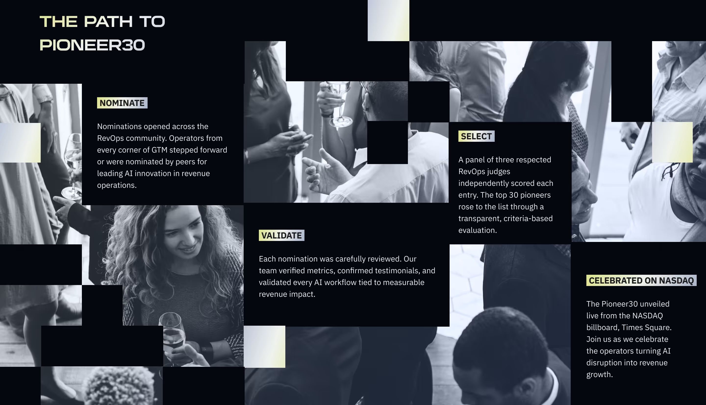 Collage of professionals socializing with overlay text detailing the path to Pioneer30 nomination, selection, validation, and NASDAQ celebration steps.