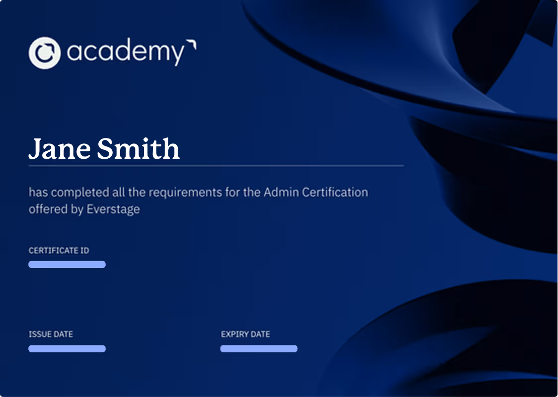 Digital certificate from academy awarded to Jane Smith for completing Admin Certification by Everstage, with fields for certificate ID, issue date, and expiry date.