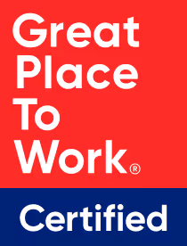 Great Place To Work Certified badge with white text on a red and blue background.