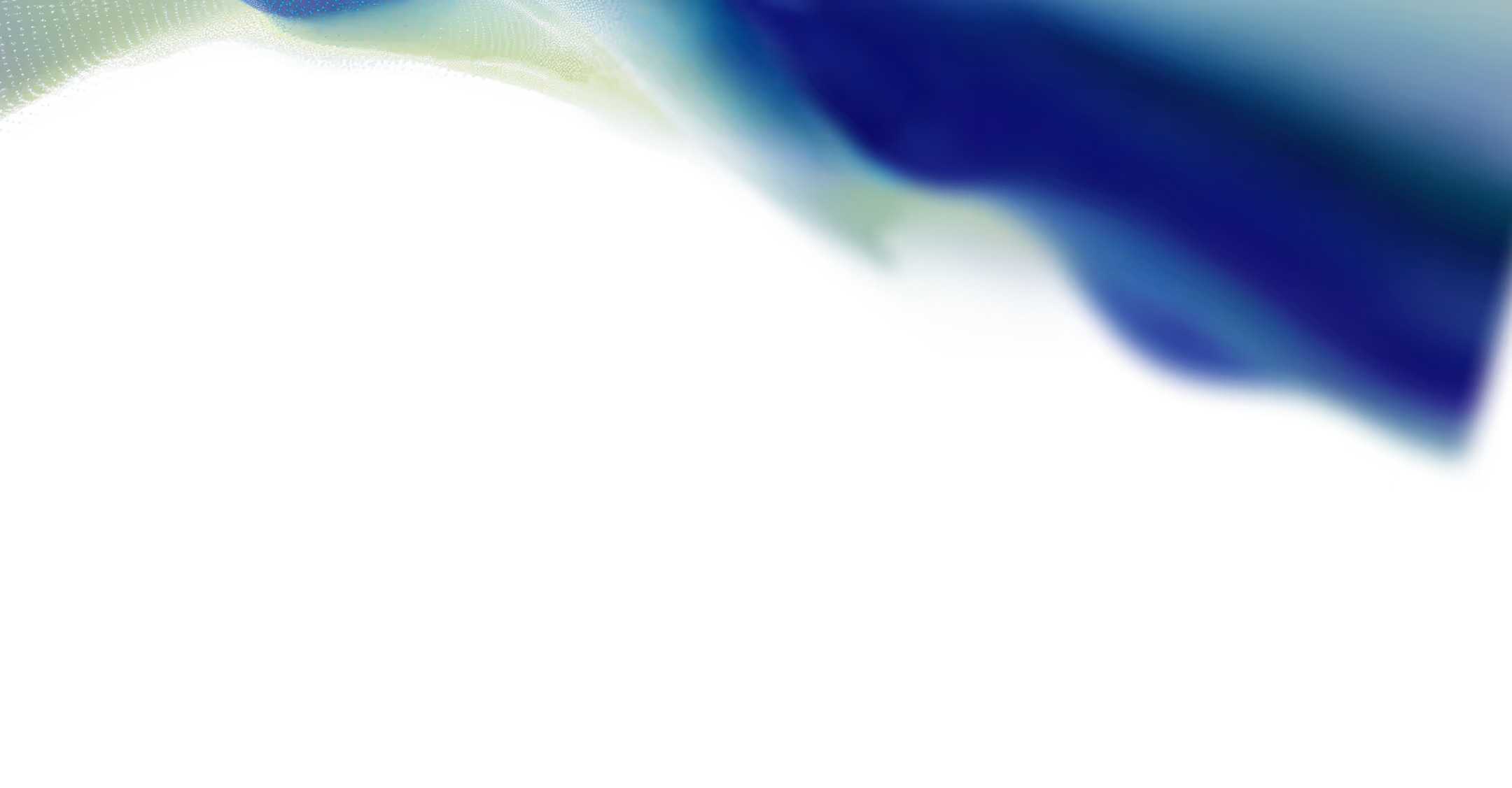 Abstract flowing wave shapes in blue, green, and white gradient on a black background.