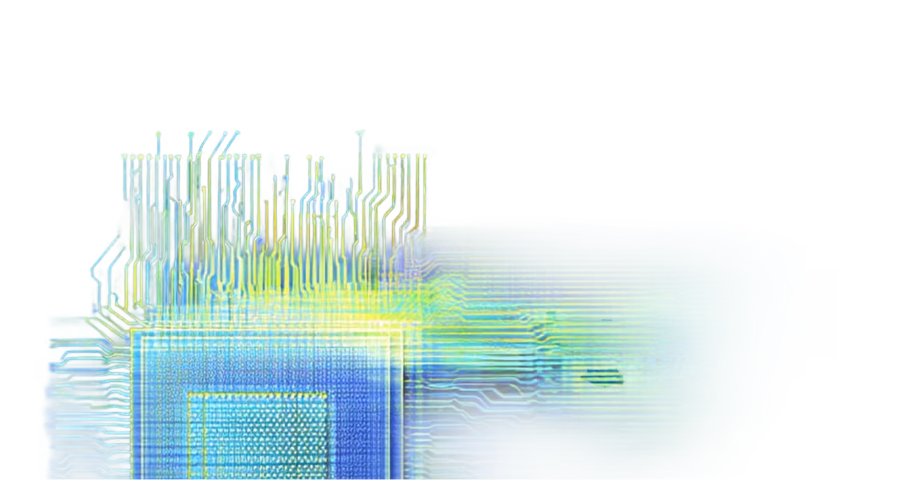 Abstract digital illustration of a semiconductor chip with glowing yellow and blue circuit lines extending outward.