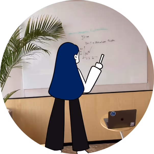 Illustration of a person with long dark hair pointing at a whiteboard with graphs and text in an office setting with a palm plant and a laptop on a small round table.