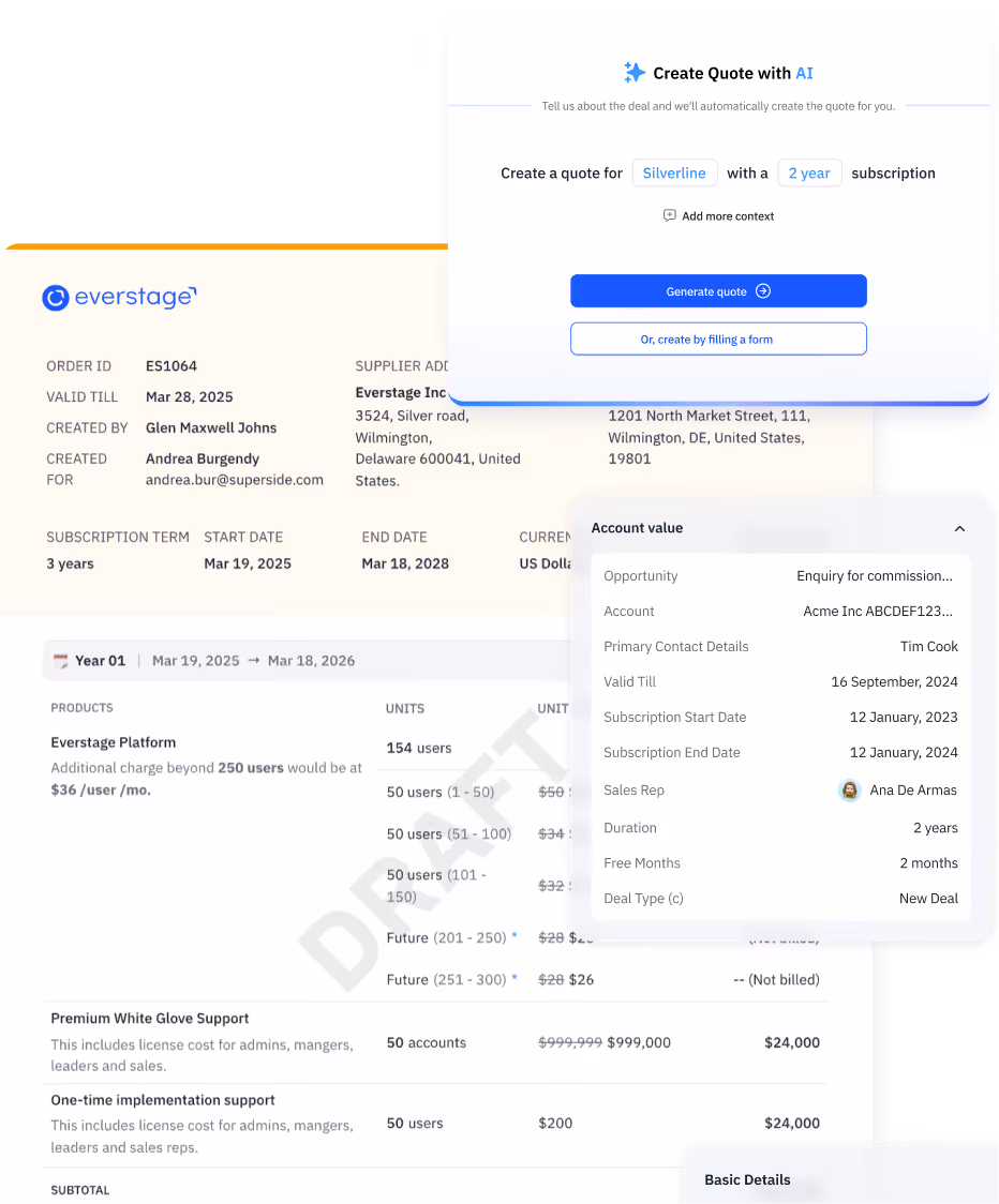 Screenshot of a software interface displaying an order summary from Everstage with subscription details, user units and pricing, and account value including contact and subscription dates.