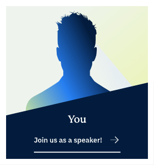 Silhouette of a person with text inviting to join as a speaker.