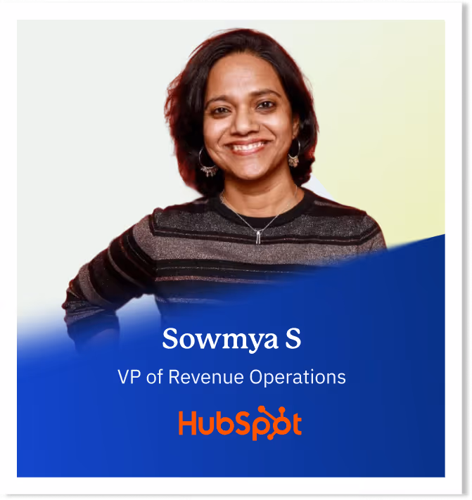Portrait of a smiling woman with short dark hair wearing a striped top, identified as Sowmya S, VP of Revenue Operations at HubSpot.