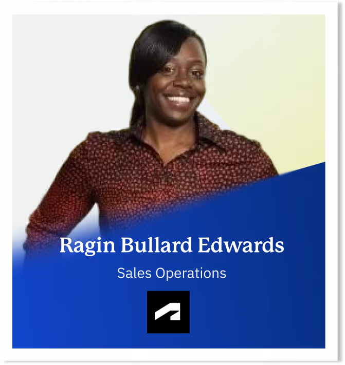 Portrait of Ragin Bullard Edwards smiling, wearing a patterned blouse, with text overlay reading 'Ragin Bullard Edwards, Sales Operations' and a company logo.