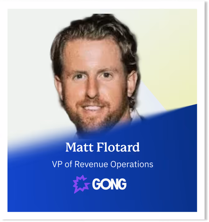 Headshot of Matt Flotard, VP of Revenue Operations at Gong, on a white and blue background with the Gong logo.