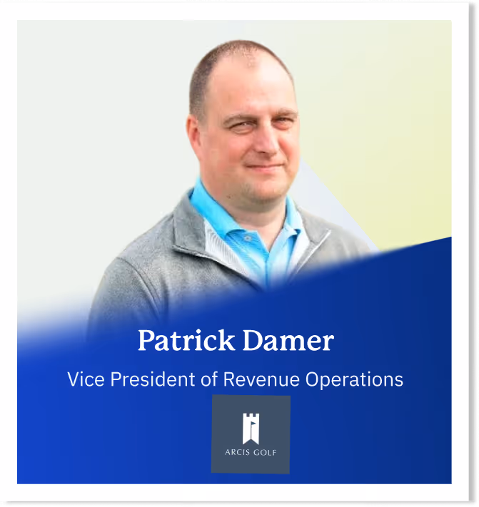 Portrait of Patrick Damer, Vice President of Revenue Operations at Arcis Golf, wearing a grey jacket over a blue collared shirt.
