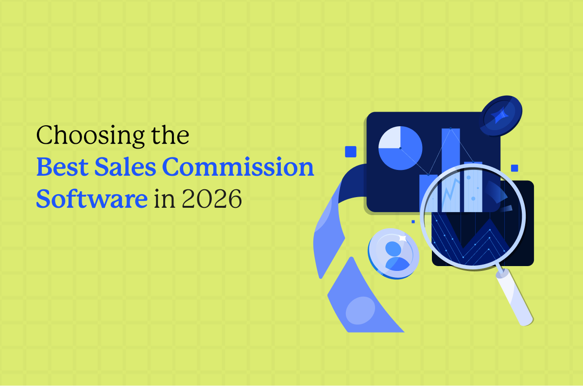 Graphic with text 'Choosing the Best Sales Commission Software in 2026' alongside charts and a magnifying glass illustration.
