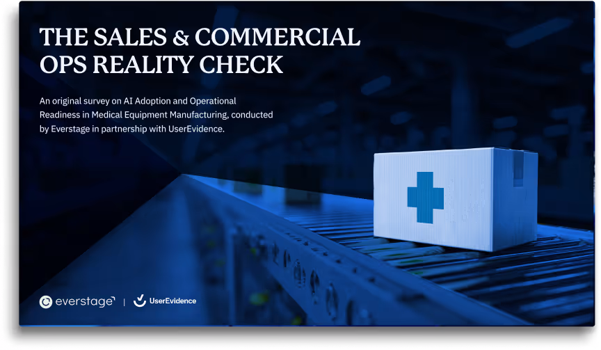 Report cover titled 'The Sales & Commercial Ops Reality Check' with a box featuring a medical cross on a conveyor belt, highlighting AI adoption in medical equipment manufacturing.